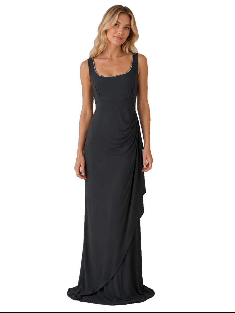 Alex Evenings Black Maxi Dress Rhinestone Neck Drape Side Slit Classic Size 16